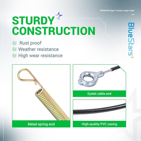 06900438 Upper Traction Auger Cable showing metal spring end, eyelet cable end, and durable PVC casing construction.