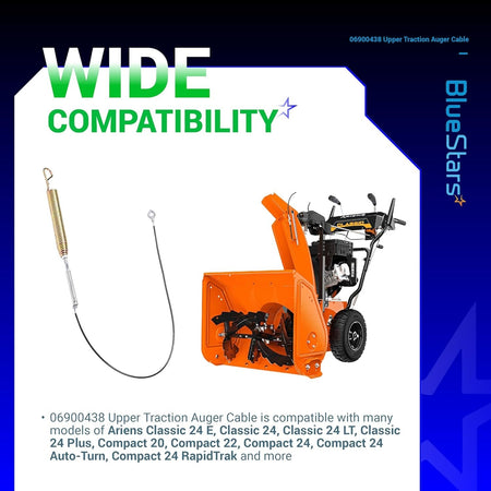 06900438 Upper Traction Auger Cable for Ariens snow blower models with spring attachment.