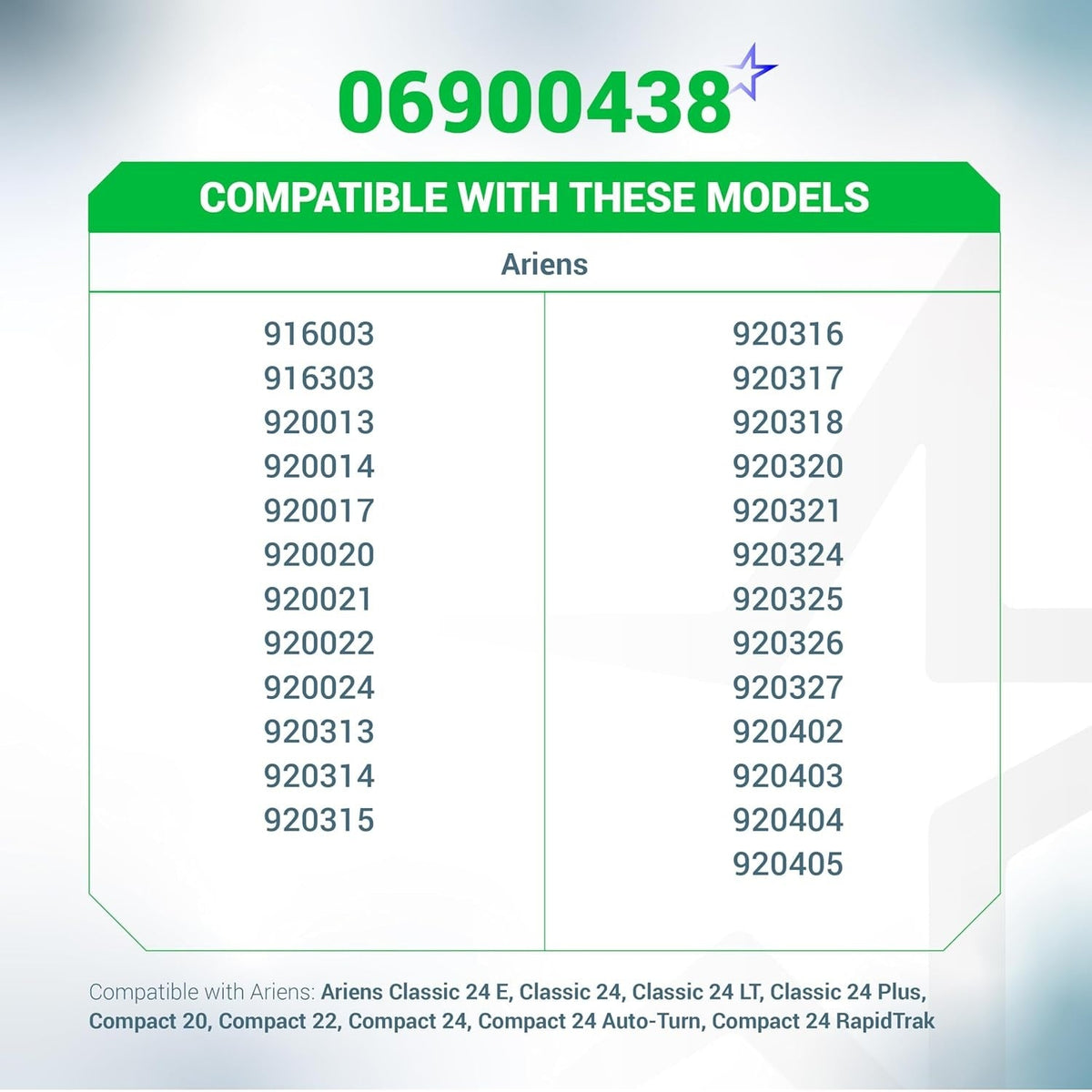 Compatibility chart for 06900438 Upper Traction Auger Cable listing compatible Ariens snow blower models.