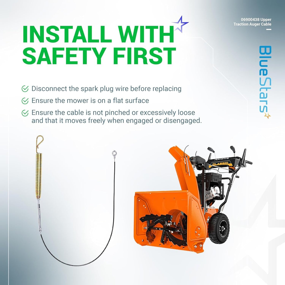 06900438 Upper Traction Auger Cable installation guide with safety instructions and snow blower diagram.