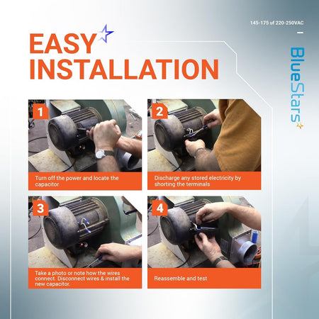 Four-step installation guide for replacing a 145-175 uF motor start capacitor on a pool or well pump motor.