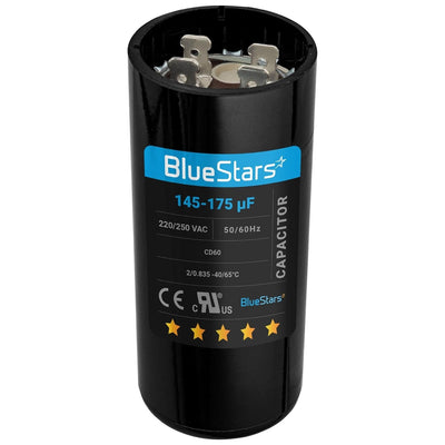 BlueStars 145-175 uF 220-250 VAC round motor start capacitor with terminal connectors.