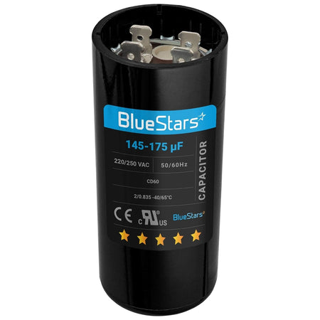BlueStars 145-175 uF 220-250 VAC round motor start capacitor with terminal connectors.