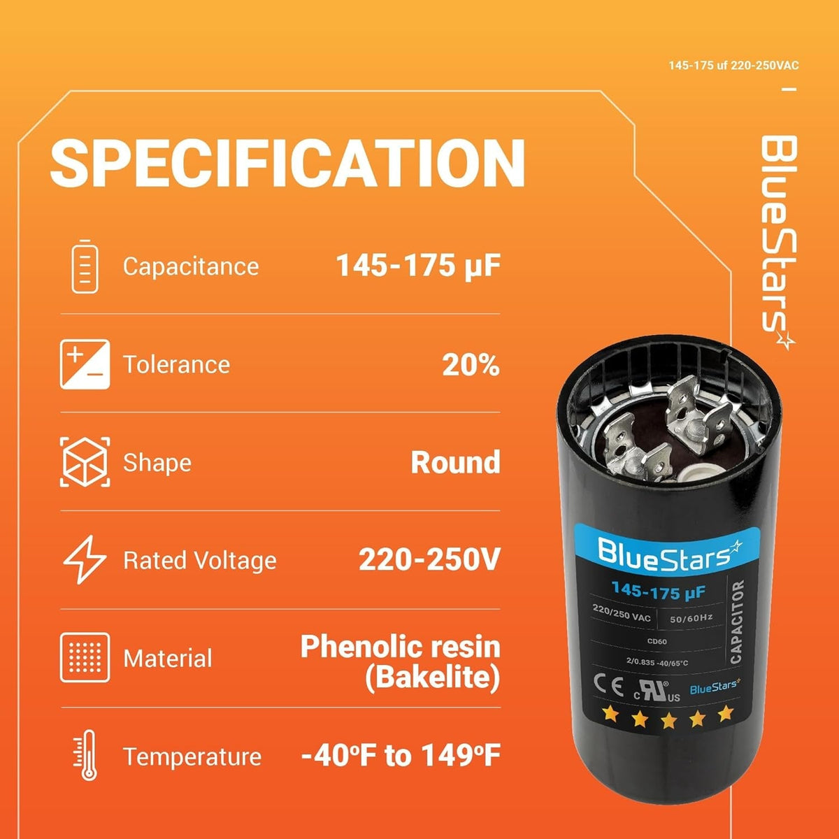 Specification chart for 145-175 uF 220-250 VAC CD60 round motor start capacitor with product image.
