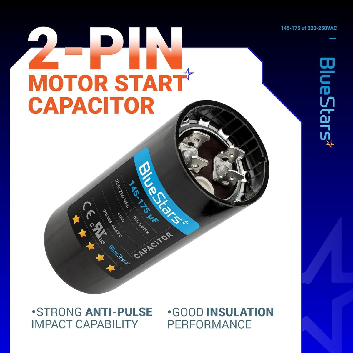 BlueStars 145-175 uF 220-250 VAC round motor start capacitor with 2-pin terminal connection.