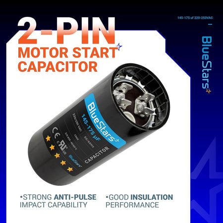 BlueStars 145-175 uF 220-250 VAC round motor start capacitor with 2-pin terminal connection.