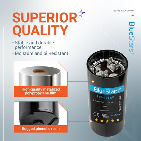 Infographic showing 145-175 uF 220-250 VAC motor start capacitor features and construction materials.