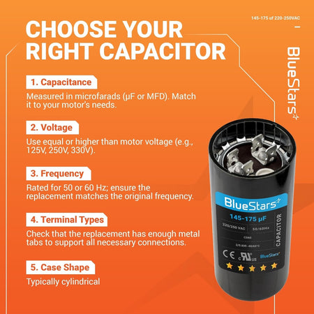Infographic showing 145-175 uF 220-250 VAC CD60 round motor start capacitor specifications and selection guide.