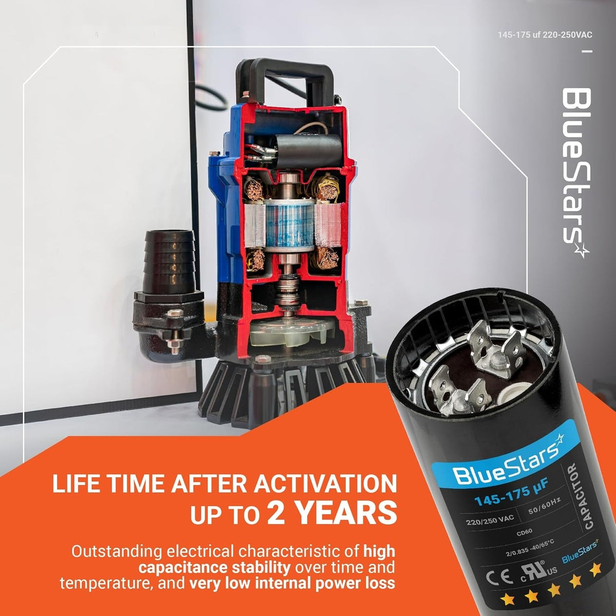 145-175 uF 220-250 VAC CD60 round motor start capacitor shown next to a cutaway view of a compatible water pump.