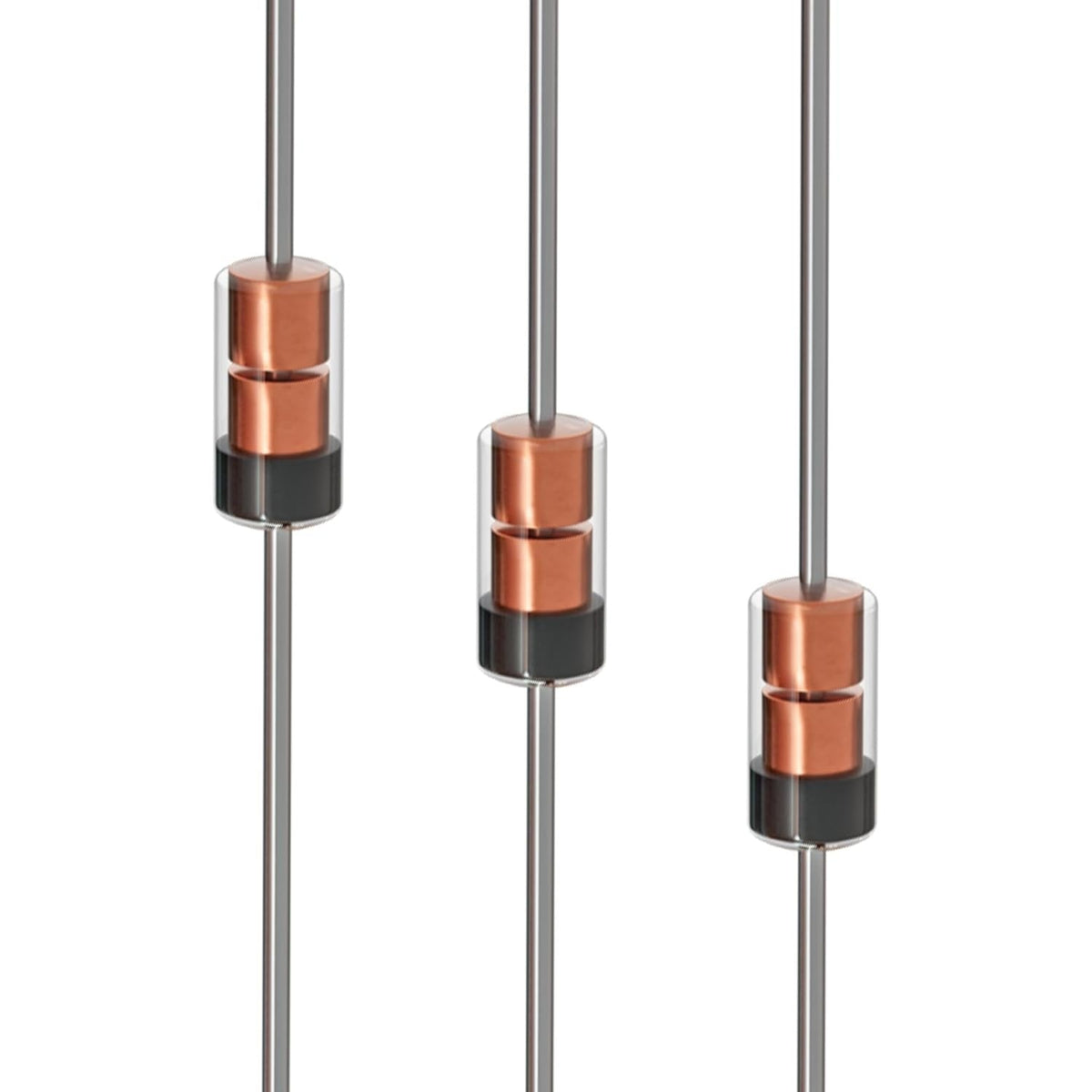 Three 1N34A Schottky barrier rectifier diodes with clear glass bodies and copper internal components.