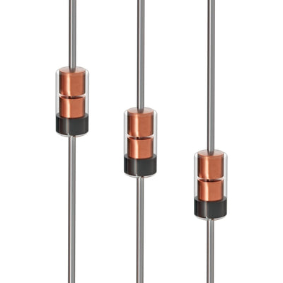 Three 1N34A Schottky barrier rectifier diodes with clear glass bodies and copper internal components.