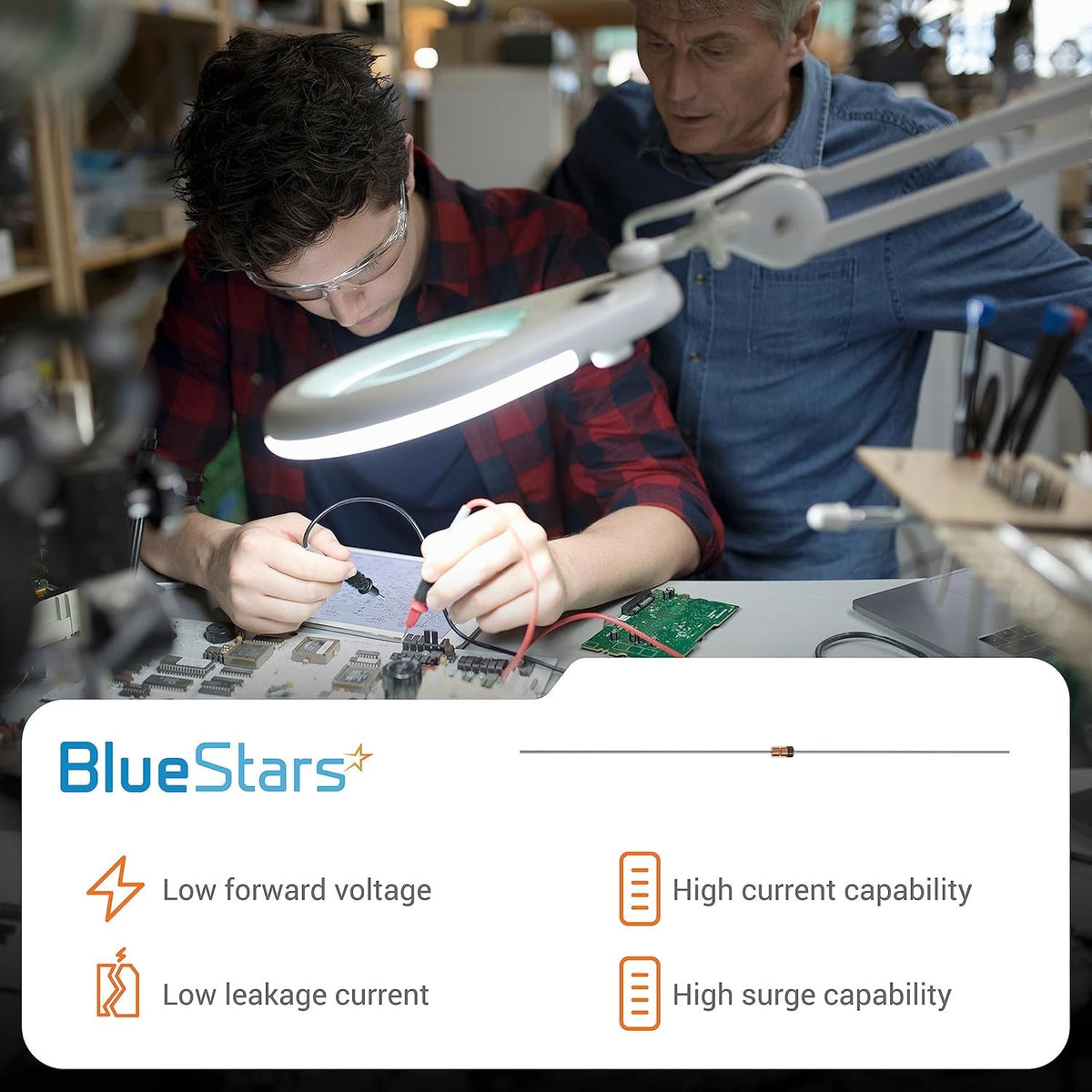 Infographic showing 1N34A Schottky barrier rectifier diode features with technician working on circuit board.