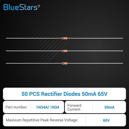 Three 1N34A Schottky barrier rectifier diodes with technical specifications displayed on a product information card.