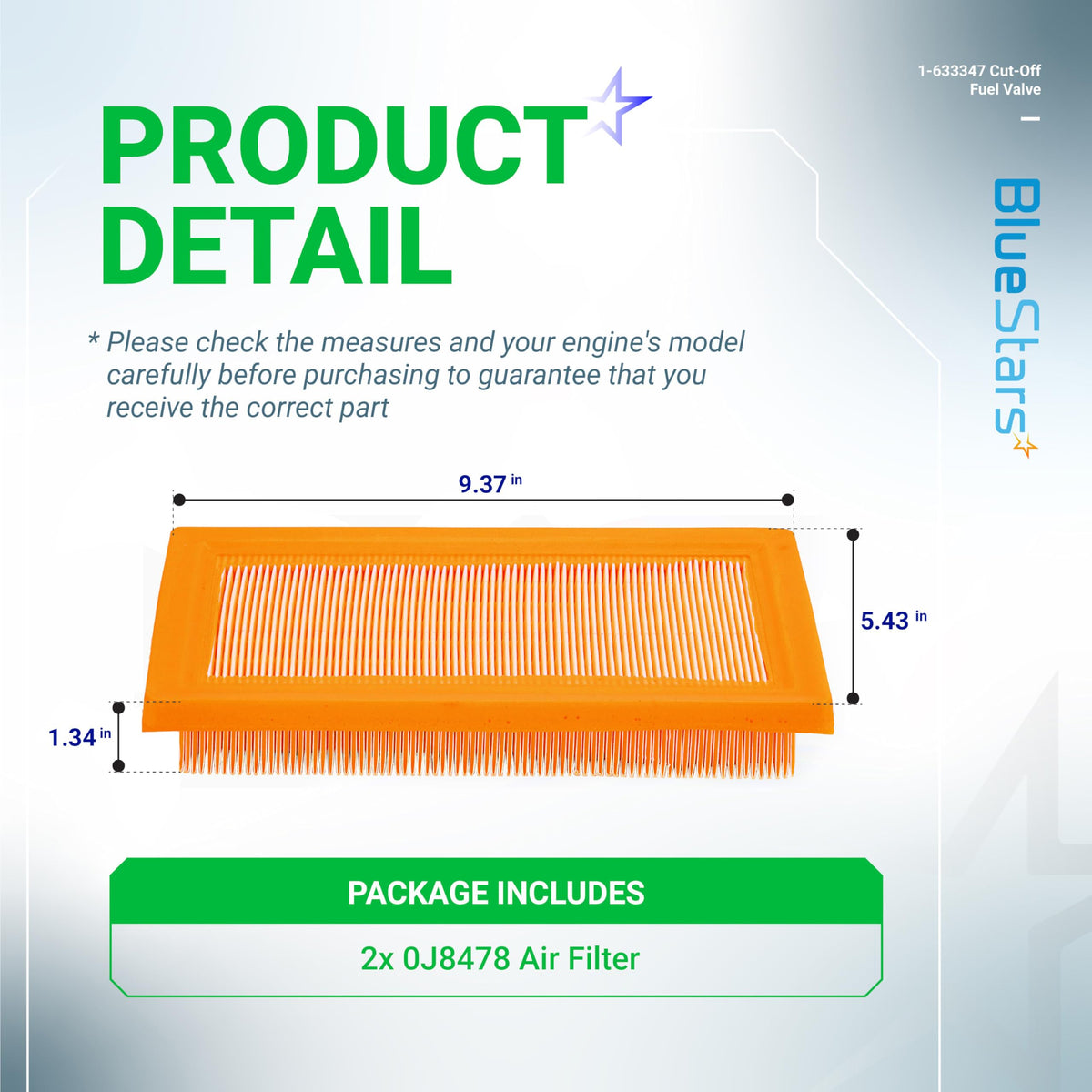 0J8478 rectangular air filter for Generac generator with labeled dimensions of 9.37 x 5.43 x 1.34 inches.
