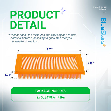 0J8478 rectangular air filter for Generac generator with labeled dimensions of 9.37 x 5.43 x 1.34 inches.