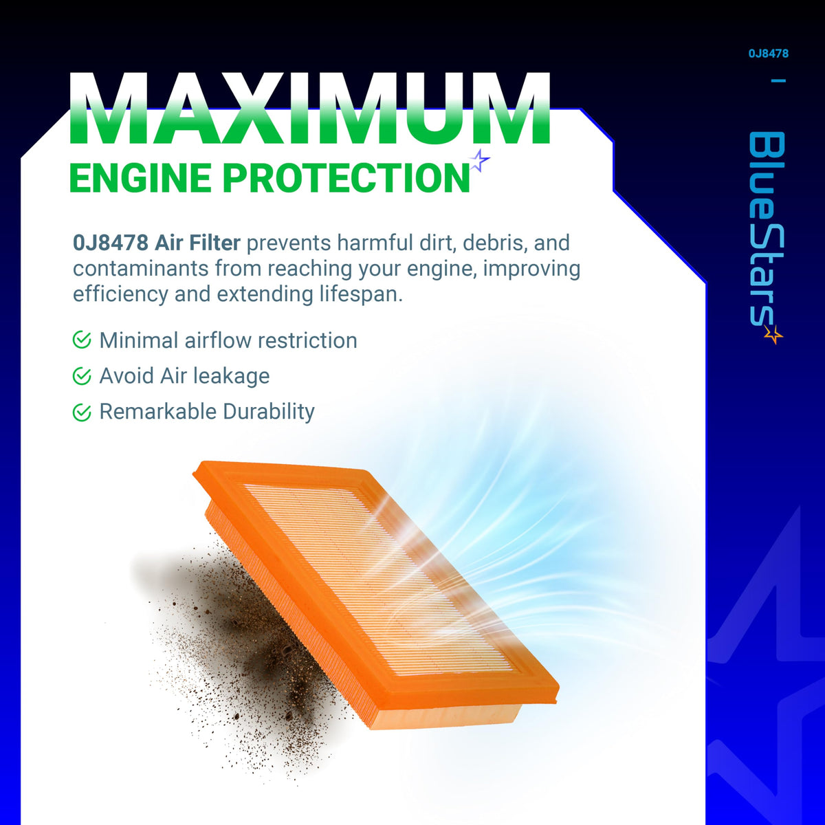 Infographic showing 0J8478 air filter for Generac generator with airflow and engine protection benefits.