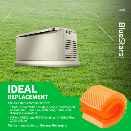 0J8478 air filter replacement for Generac 14kW-20kW Evolution series generators shown with compatible generator unit.