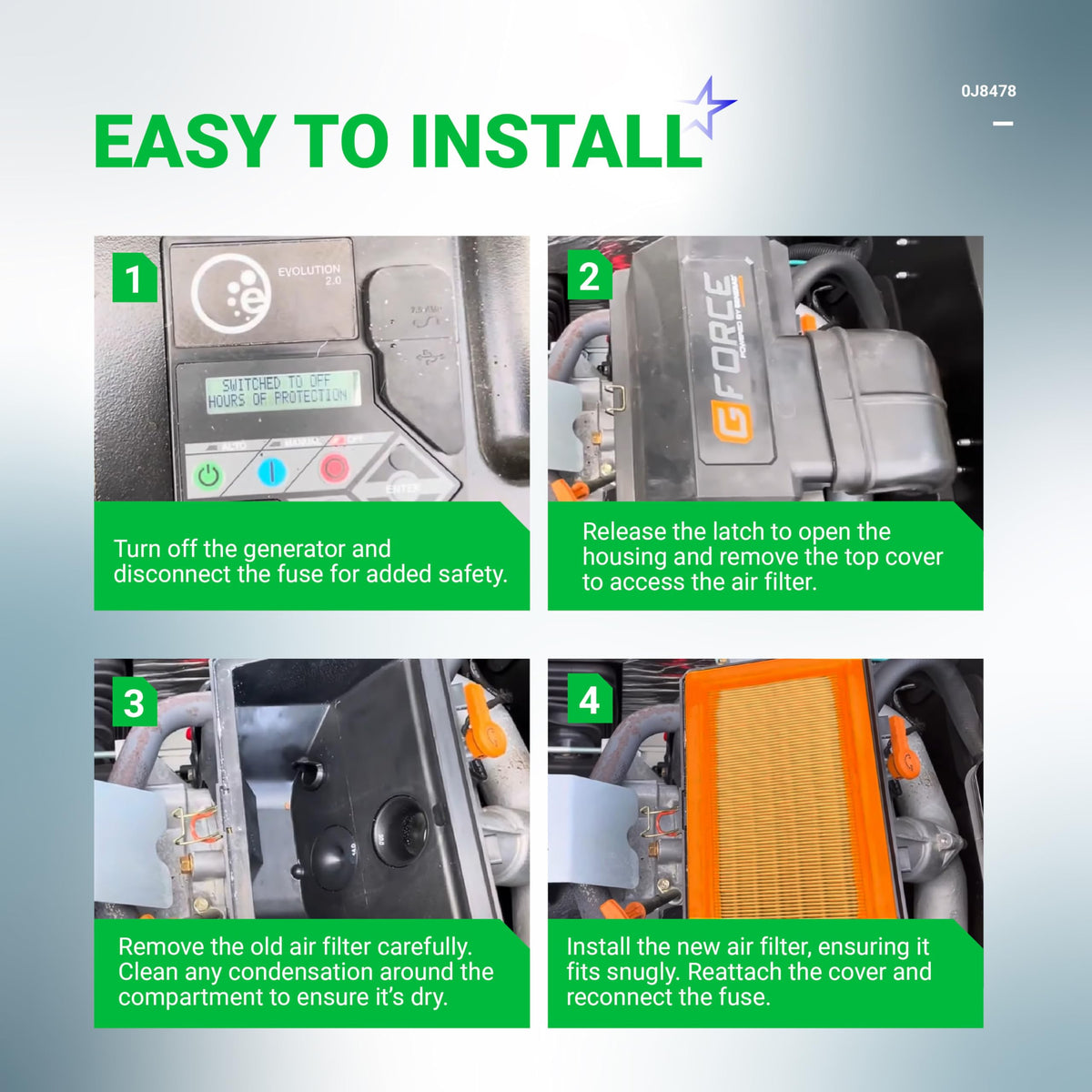 Four-step installation guide for 0J8478 air filter on Generac Evolution Series generators.