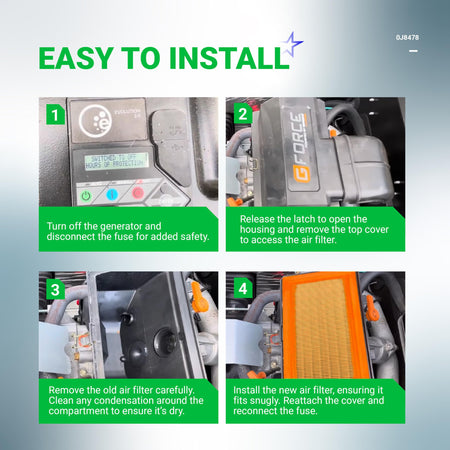 Four-step installation guide for 0J8478 air filter on Generac Evolution Series generators.