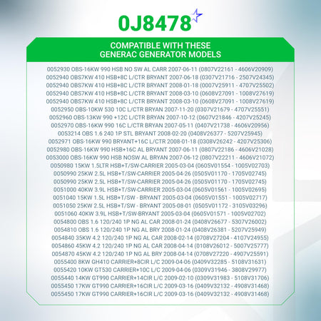 Compatibility chart for 0J8478 air filter showing compatible Generac generator models.