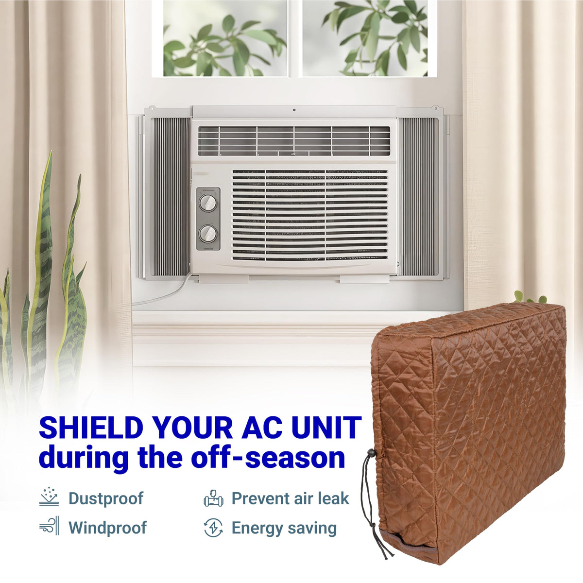 Brown quilted indoor window air conditioner cover for winter insulation shown next to an AC unit.