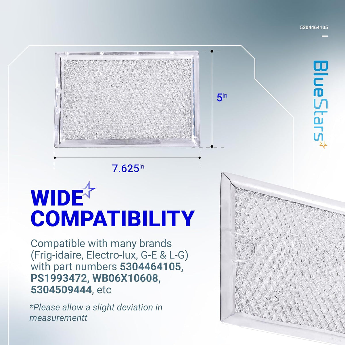 Microwave grease filter replacement showing 5 inch by 7.625 inch dimensions and compatibility details.