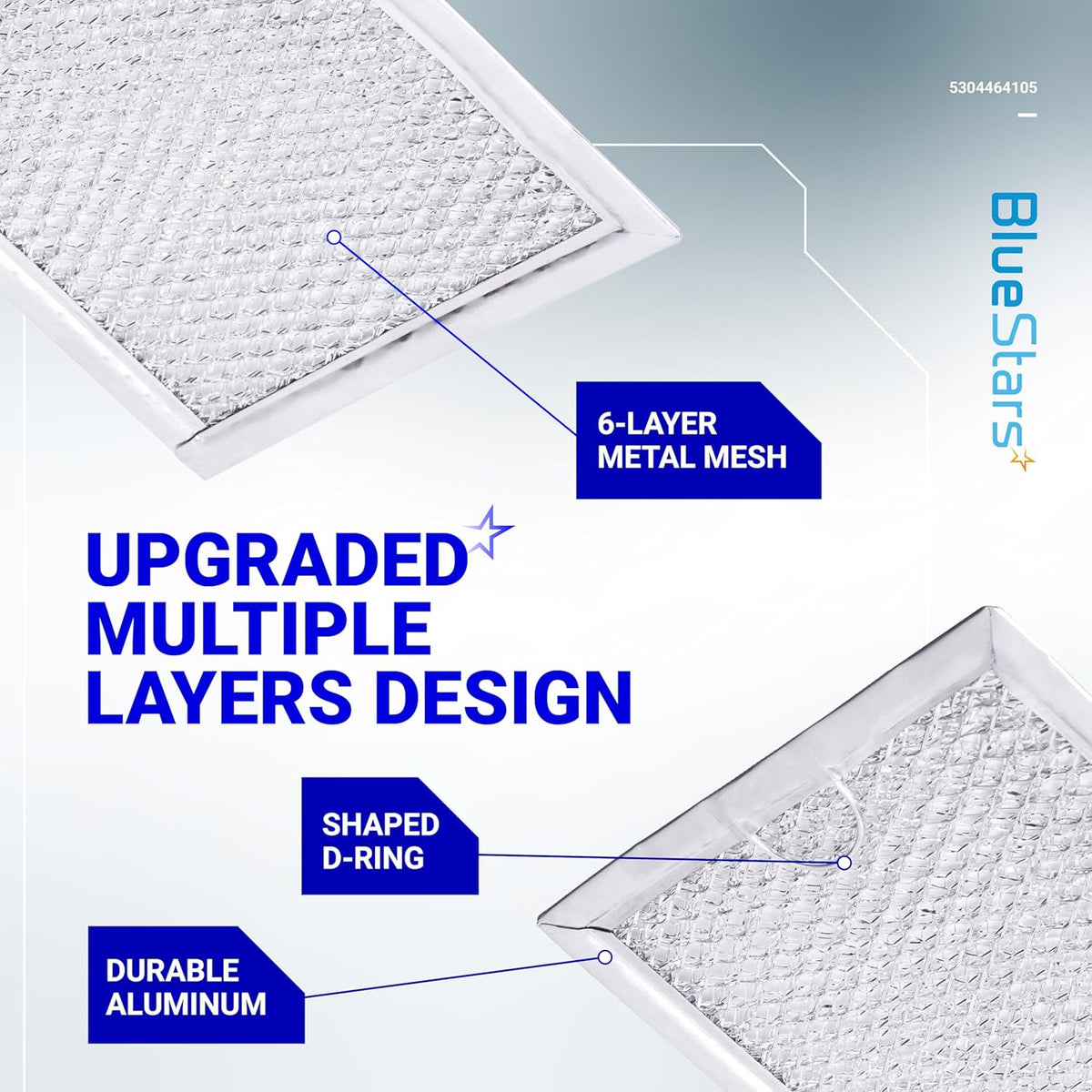 Infographic showing 6-layer metal mesh, D-ring, and aluminum construction of WB06X10608 microwave grease filter.