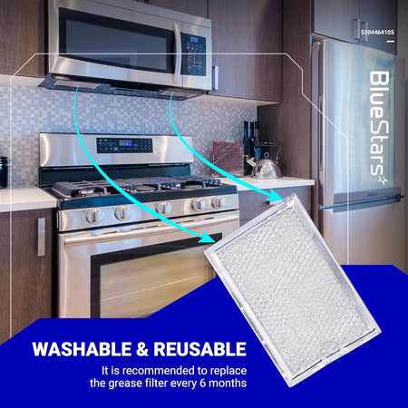 Replacement microwave grease filter showing installation location under an over-the-range microwave.