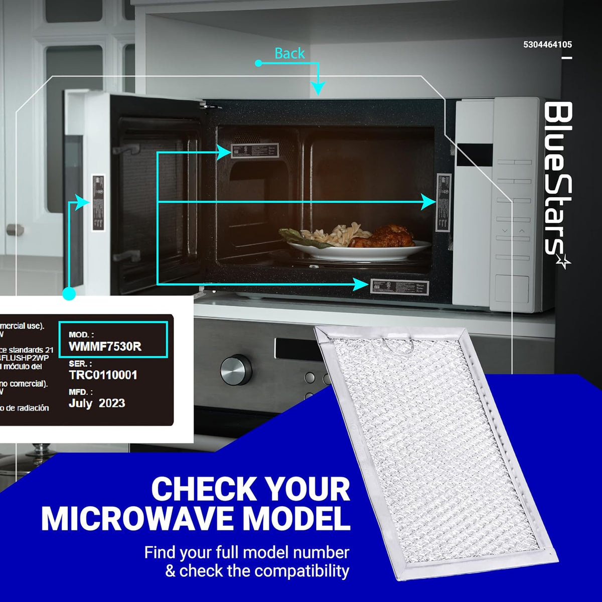Microwave grease filter replacement with compatibility guide showing microwave model number locations.