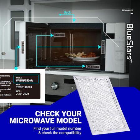 Microwave grease filter replacement with compatibility guide showing microwave model number locations.