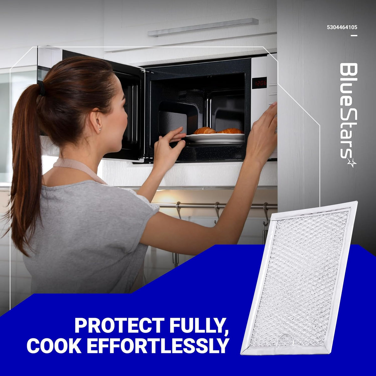 Replacement microwave grease filter for Frigidaire and GE models shown in a lifestyle marketing graphic.