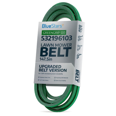147.5-inch green mower deck belt for Husqvarna 532196103 in BlueStars retail packaging.