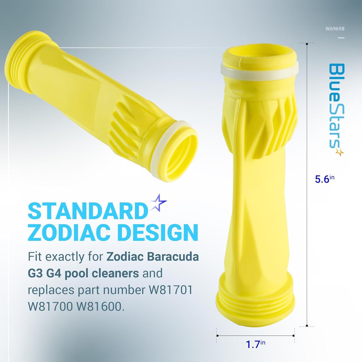 Two yellow W69698 long life diaphragms for Zodiac Baracuda G3 and G4 pool cleaners with dimensions.