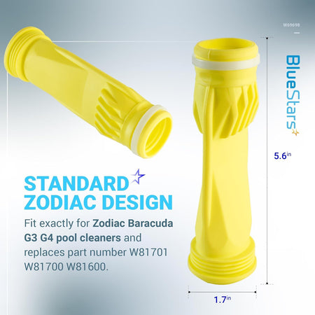 Two yellow W69698 long life diaphragms for Zodiac Baracuda G3 and G4 pool cleaners with dimensions.