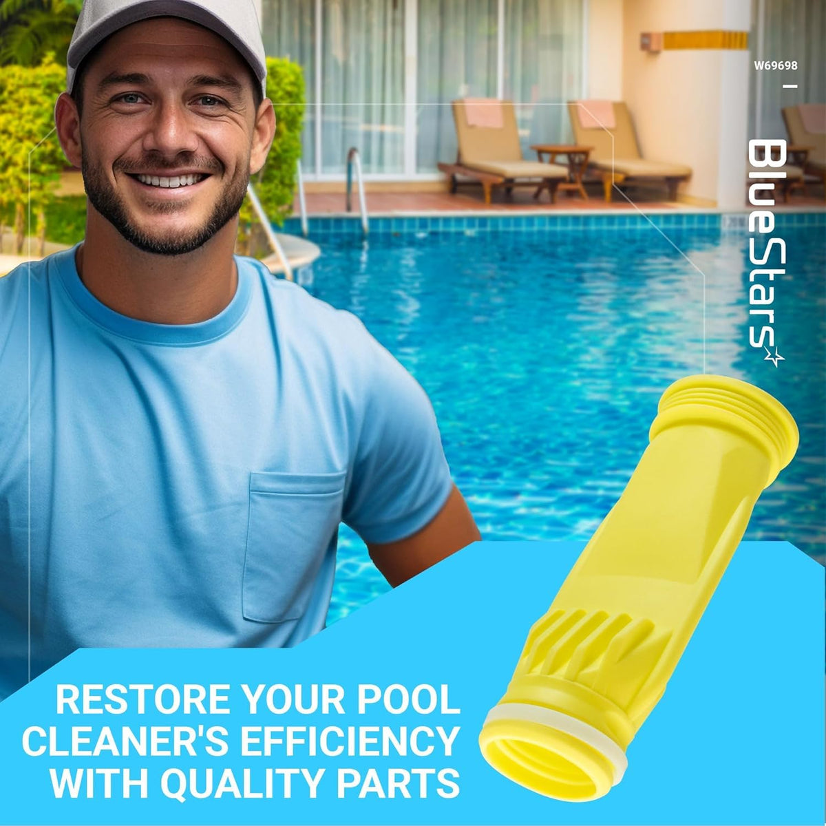 Yellow W69698 long life diaphragm for Zodiac Baracuda pool cleaners on promotional background.
