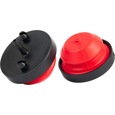 Two red and black primer bulbs for small engines, showing top and bottom views.