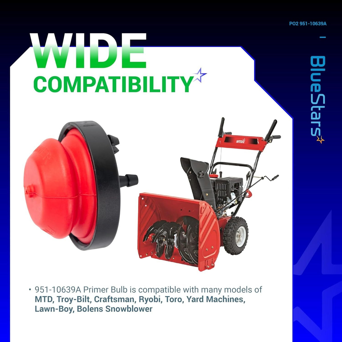 Red primer bulb replacement part for MTD, Troy-Bilt, and Craftsman snowblowers with compatibility graphic.