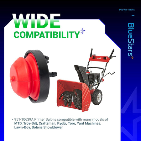 Red primer bulb replacement part for MTD, Troy-Bilt, and Craftsman snowblowers with compatibility graphic.
