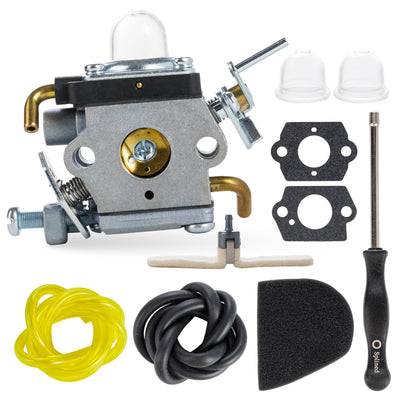 574386701 carburetor kit with adjustment tool, gaskets, fuel lines, and air filter for Husqvarna string trimmers.