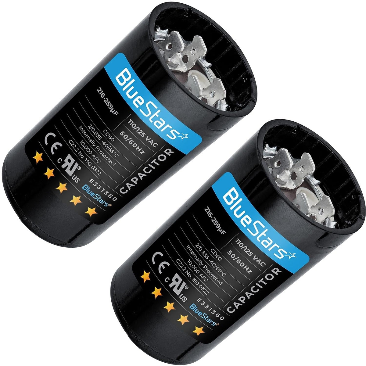 Two BlueStars 216-259 uF 110-125 VAC CD60 motor start capacitors for AC, fan, and heat pump motors.
