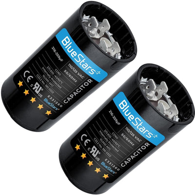 Two BlueStars 216-259 uF 110-125 VAC CD60 motor start capacitors for AC, fan, and heat pump motors.
