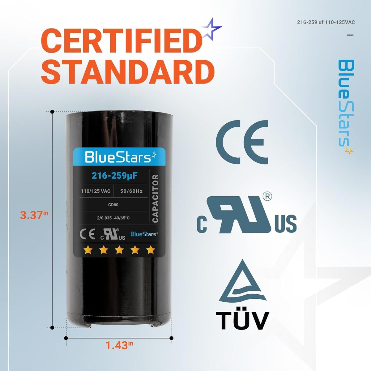 BlueStars 216-259 uF 110-125 VAC CD60 motor start capacitor with dimensions shown in a technical specification graphic.