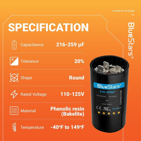 BlueStars 216-259 uF 110-125 VAC CD60 round motor start capacitor specification chart.