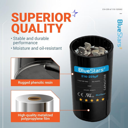 BlueStars 216-259 uF 110-125 VAC CD60 motor start capacitor with phenolic resin and metalized film construction.