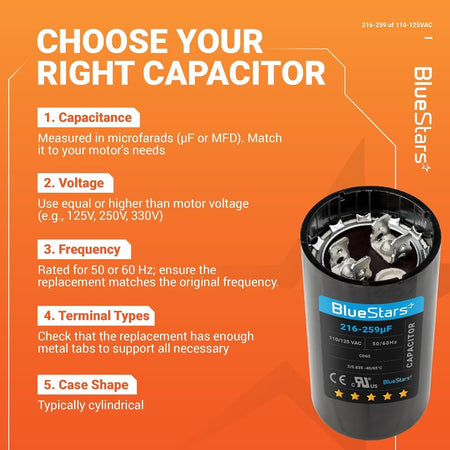 Infographic showing how to choose a 216-259 uF 110-125 VAC CD60 motor start capacitor with terminal view.