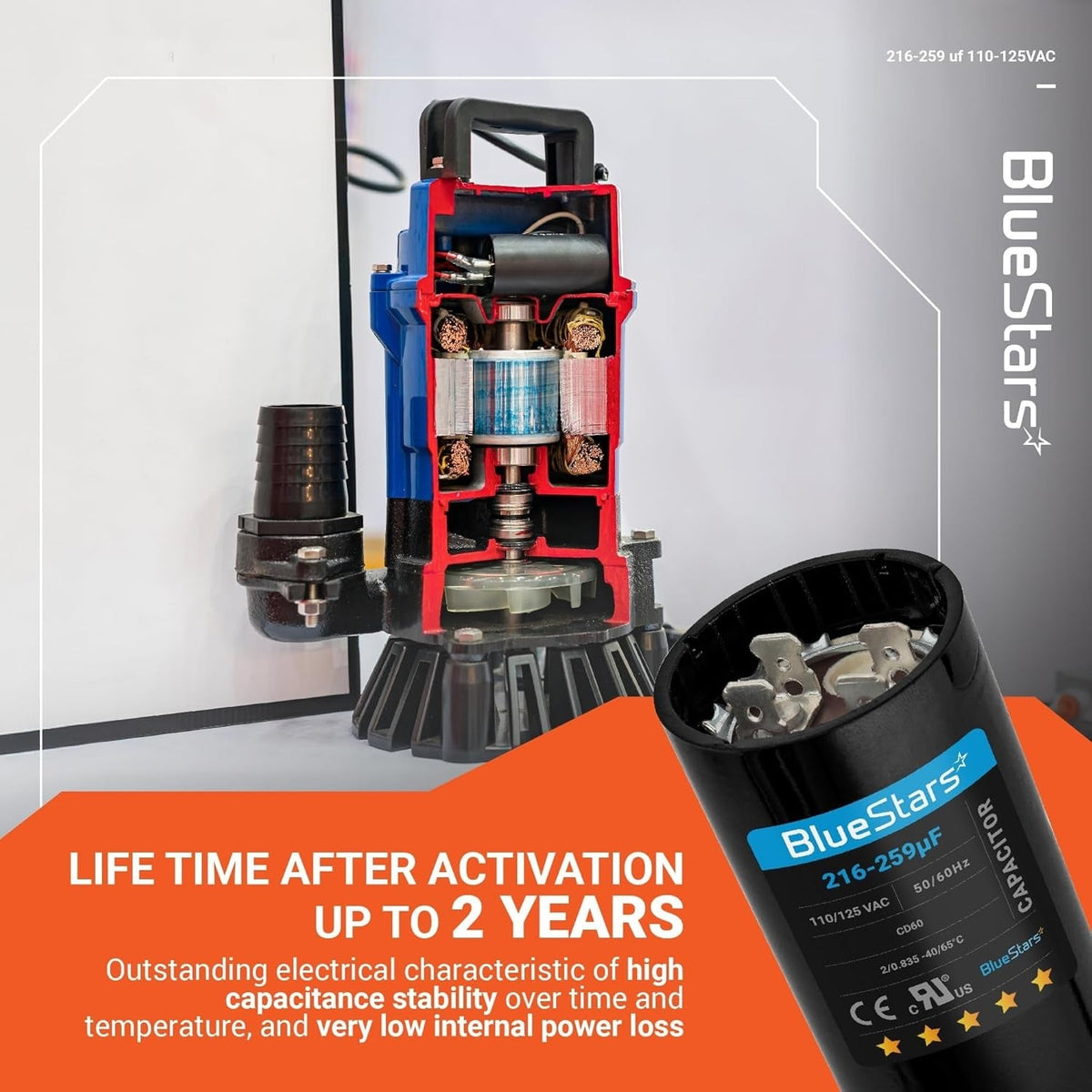 BlueStars 216-259 uF 110-125 VAC CD60 motor start capacitor shown next to a cutaway view of a water pump motor.