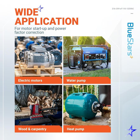 Infographic showing wide applications for 216-259 uF 110-125 VAC motor start capacitors in various equipment.