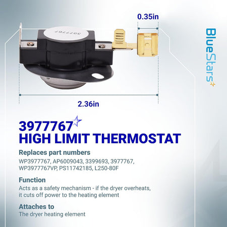 3977767 High-limit thermostat shown with a dimensions diagram and labeled 0.35-inch and 2.36-inch measurements