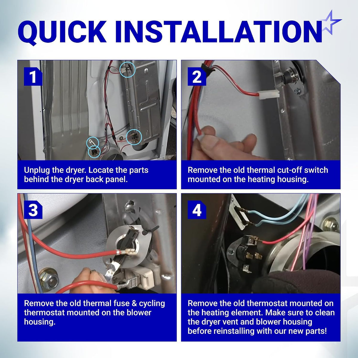 3387134 Cycling Thermostat installation guide showing four steps to remove dryer thermal parts