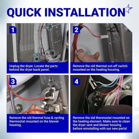 3387134 Cycling Thermostat installation guide showing four steps to remove dryer thermal parts